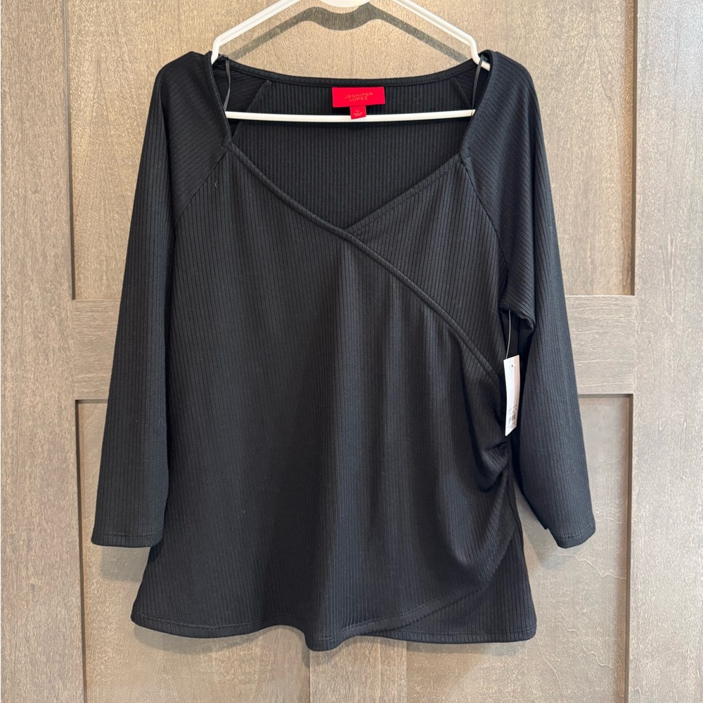 NWT Jennifer Lopez Black Ribbed Wrap-Style Long Sleeve Top